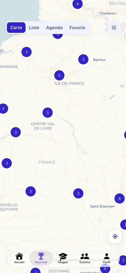 Carte des tournois dans l'app PingMap