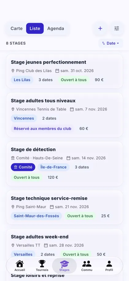 Stages dans l'app PingMap